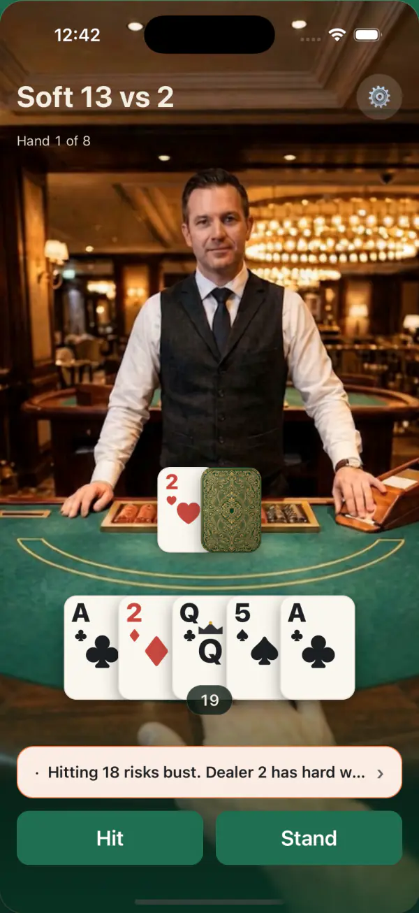 Practice screen in Blackjack Trainer: a dealer showing a 2, the player's cards on the felt totaling 19, a coaching tip, and Hit and Stand buttons.